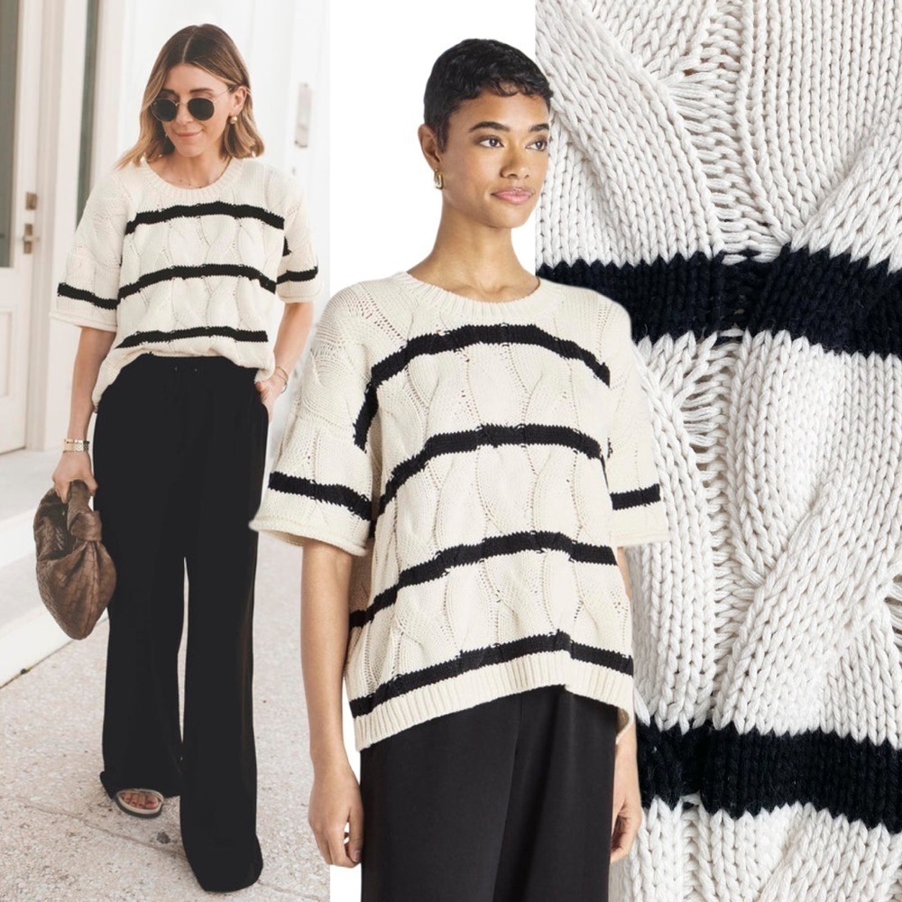 Splendid Cellajaneblog Black White Stripe Cable Knit Sweater Slouchy Oversized